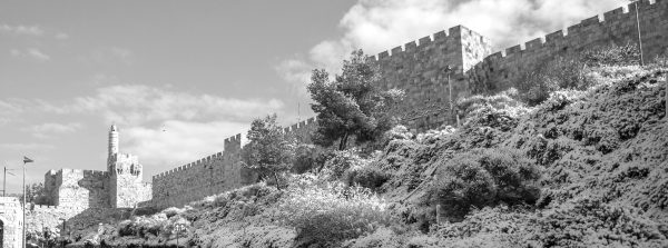 Una vista de las murallas de la ciudad en blanco y negro